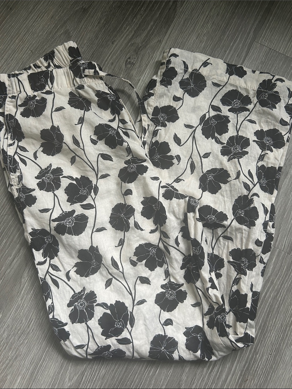 GAP Factory Mid Rise Linen-Blend Pull-On Wide-Leg Pants Black Floral Size XS